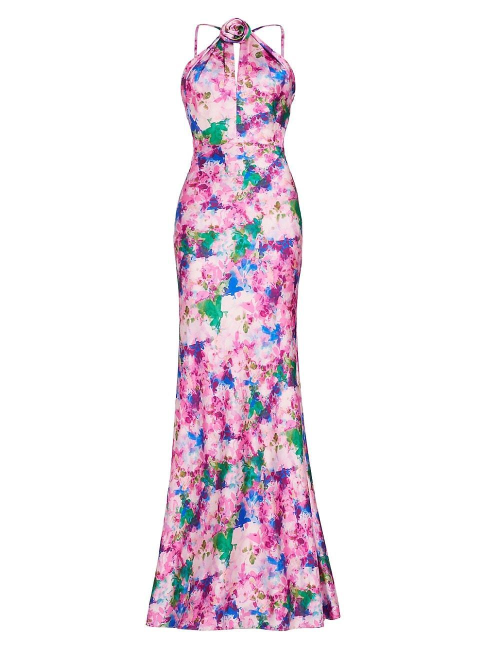 Womens Violette Satin Floral Halter Gown Product Image