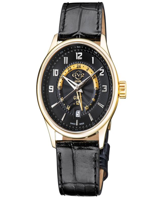 Gevril Mens Giromondo Swiss Quartz Black Genuine Leather Strap Watch 42mm - Gold-Tone Product Image