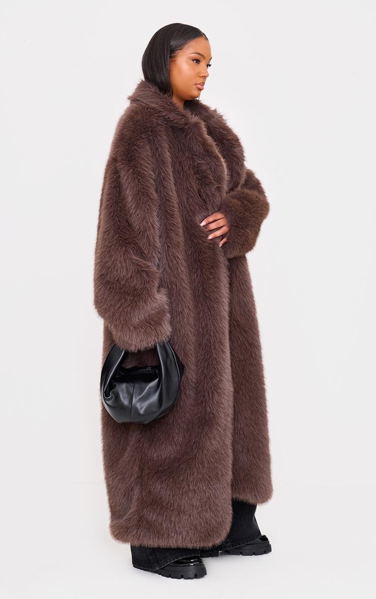 Plus Dark Brown Collar Detail Soft Faux Fur Maxi Coat Product Image