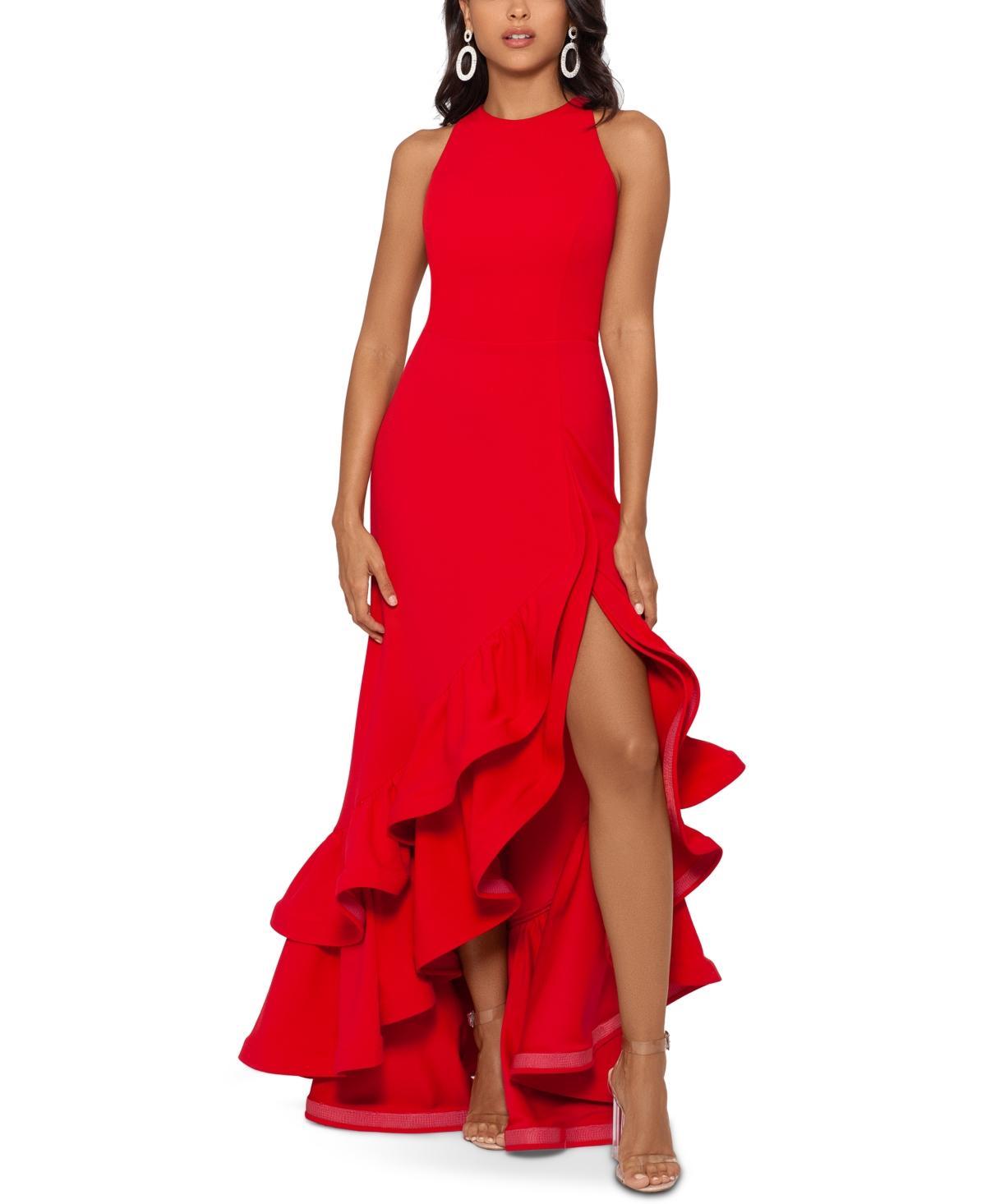 Betsy & Adam Ruffle Halter Crepe Gown Product Image