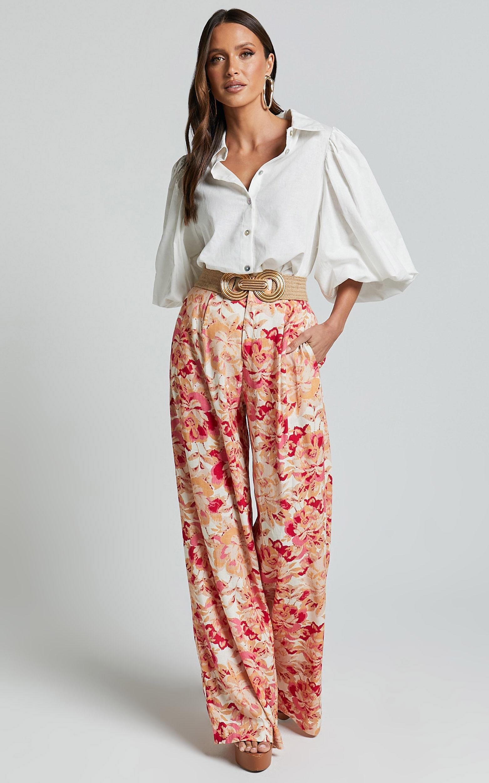 Amalie The Label - Lorete Linen Blend High Rise Wide Leg Pants in Sienna Print Product Image