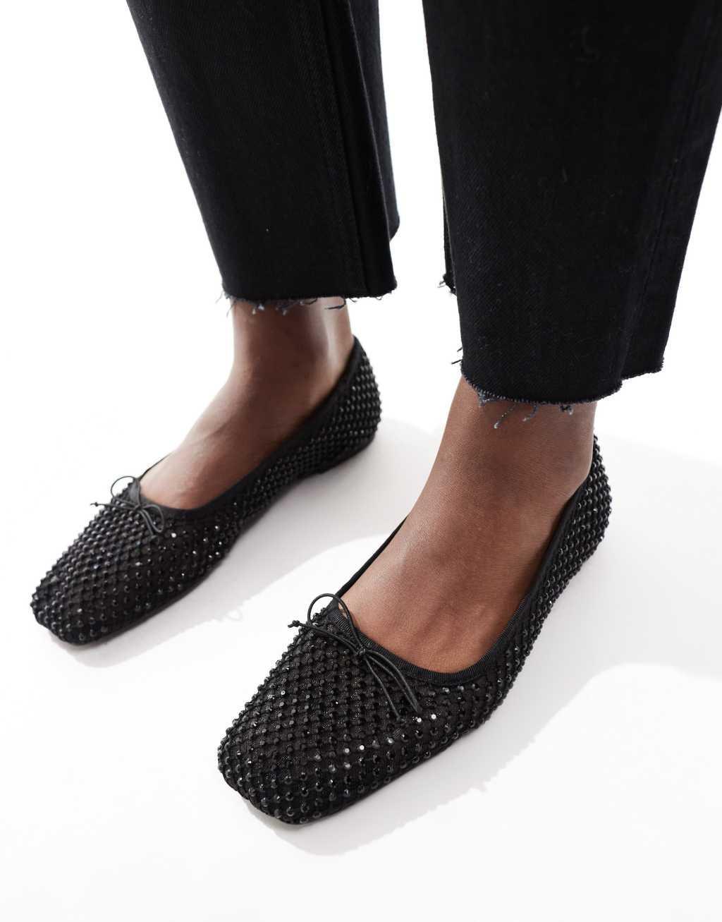 Stradivarius square toe embellished ballet flats in black Product Image