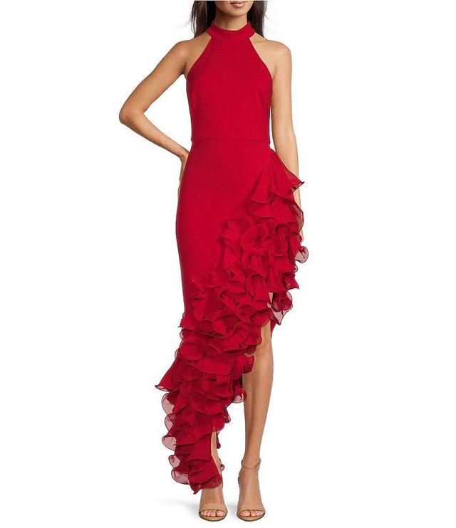 Betsy & Adam Halter Neck Asymmetrical Ruffle High-Low Gown Product Image