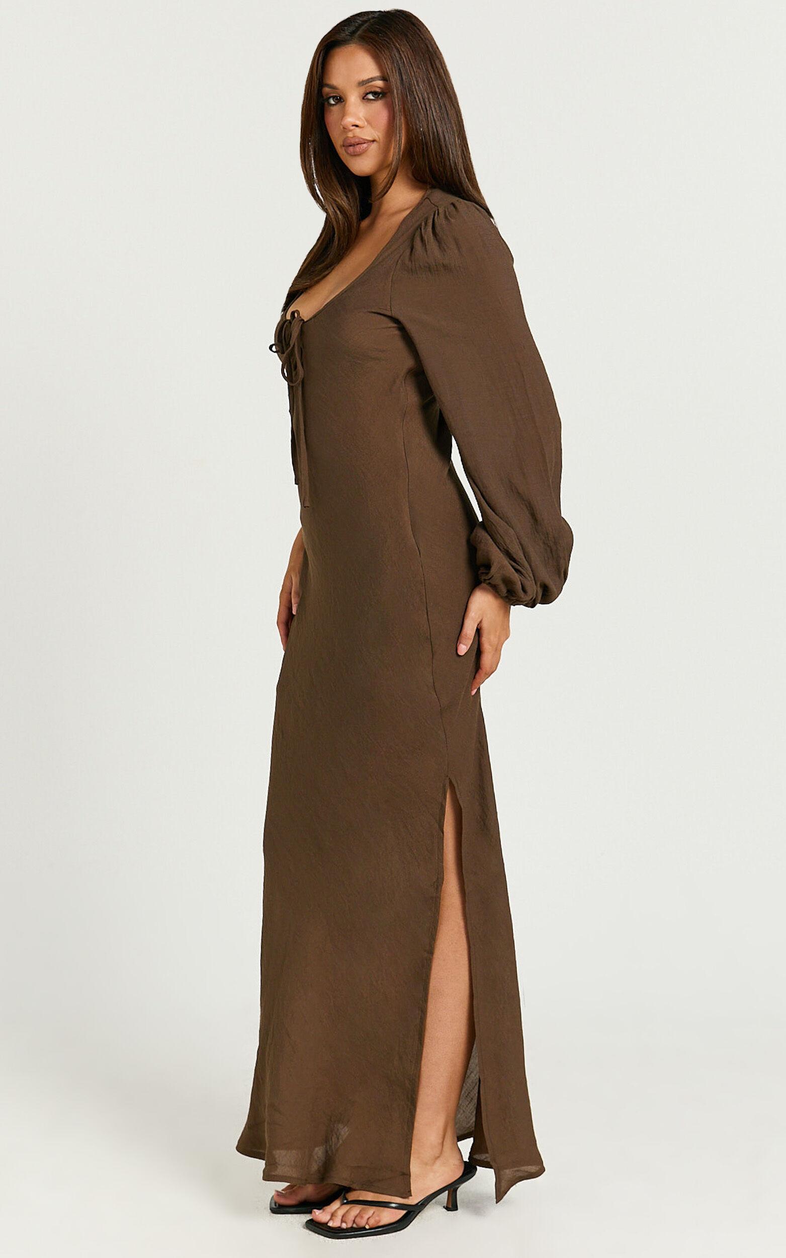 Sydney Midi Dress - Scoop Neck Long Sleeve Slip Dress in Brown Product Image