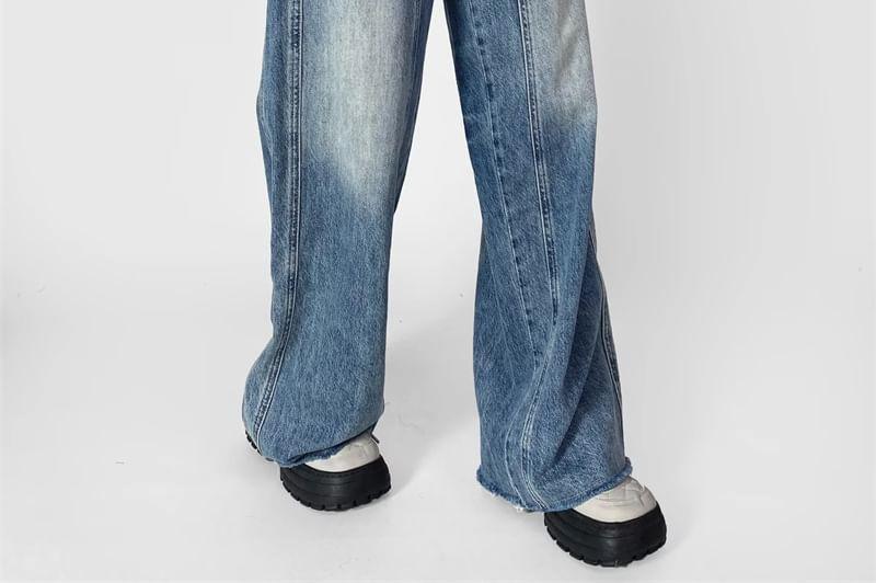 Mid Rise Washed Panel Wide Leg Jeans Product Image