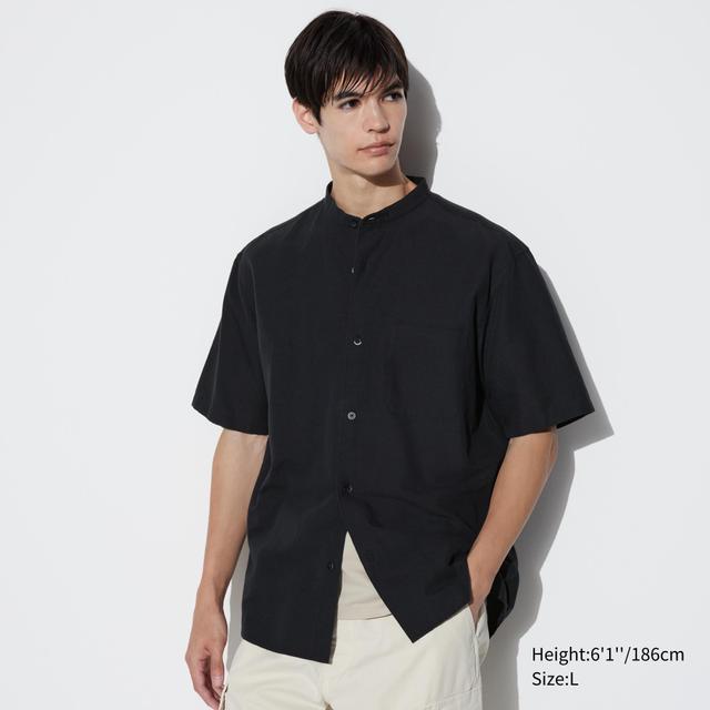 Mens Cotton Linen Stand Collar Short-Sleeve Shirt Black 2XS UNIQLO US Product Image