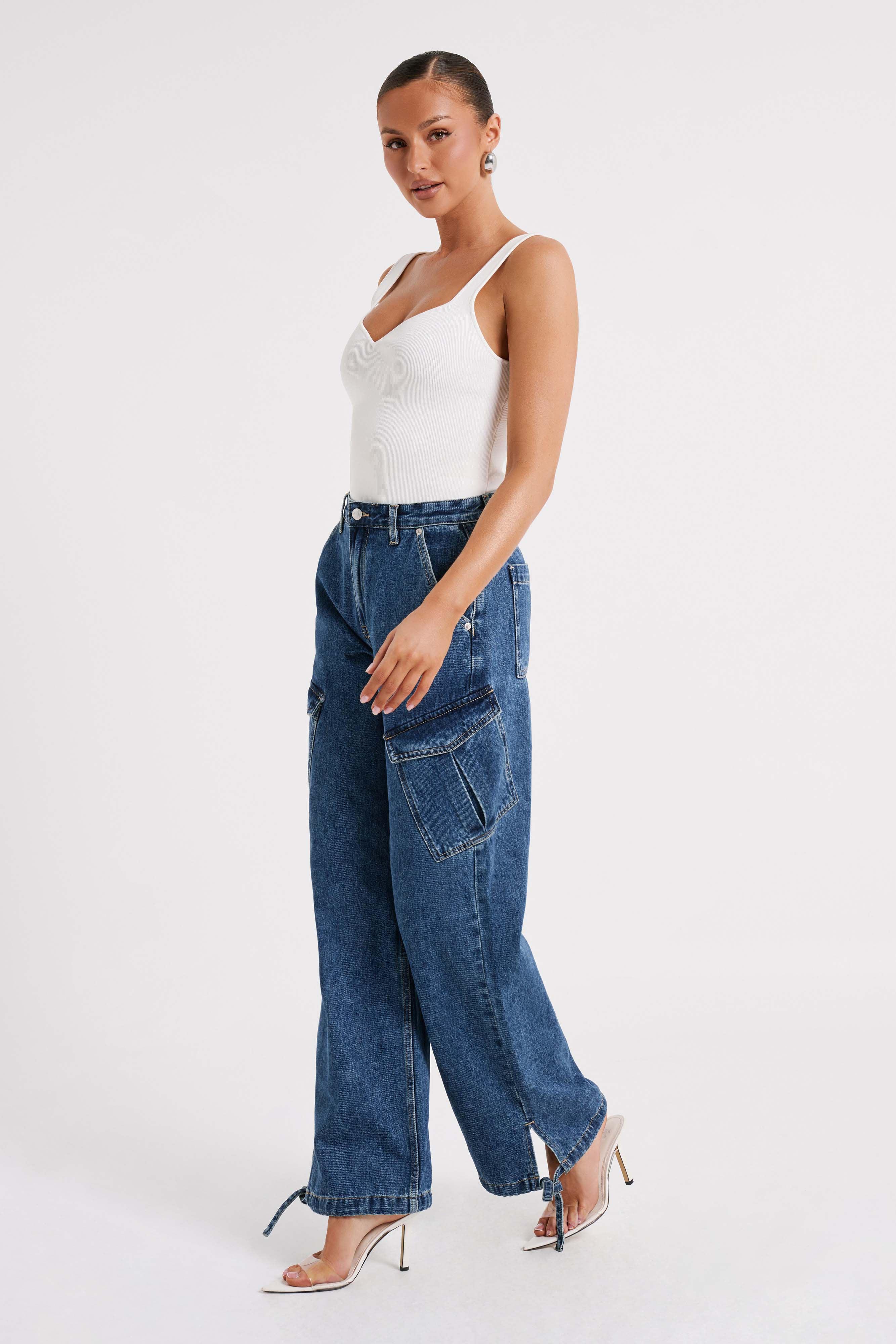 Thelma Relaxed Denim Cargo Pants - Dark Blue Product Image