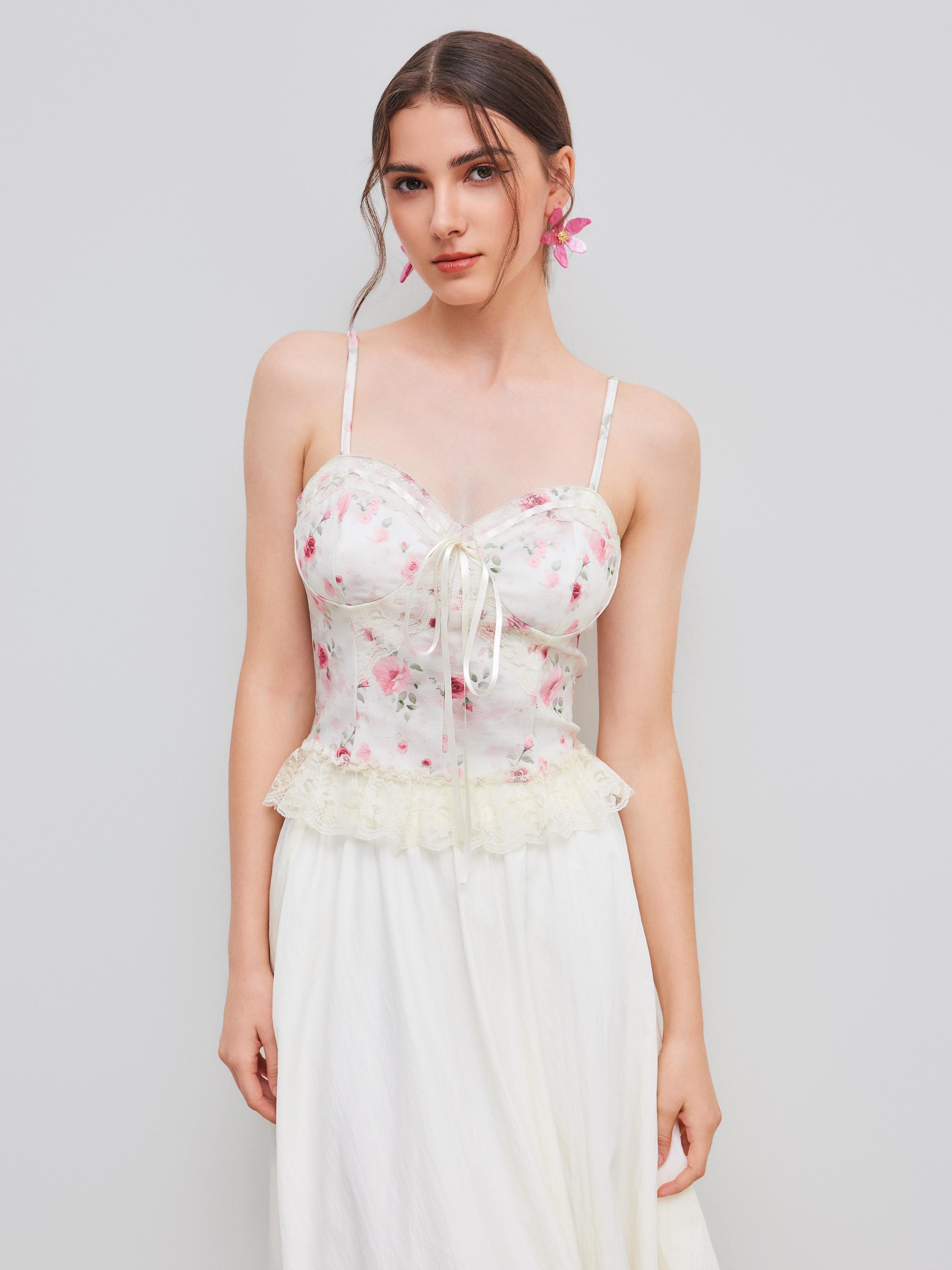 Sweetheart Neckline Floral Lace Trim Knotted Cami Top Product Image