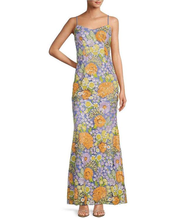 Dress the Population Sequin Floral V Neckline Sleeveless Mermaid Gown Product Image