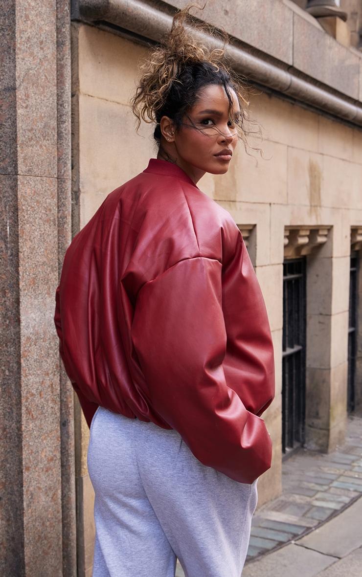 Cherry Red Faux Leather Oversized Bomber Jacket Product Image