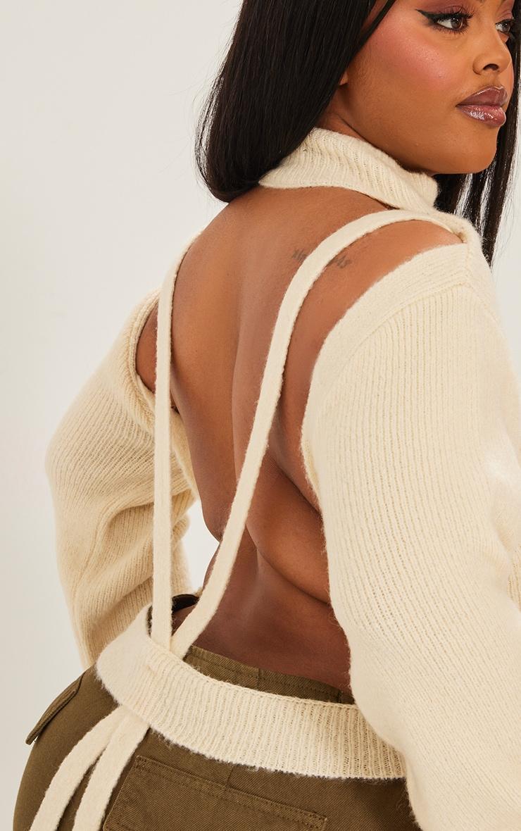 Plus Cream Rib Knit Open Back Cropped Sweater Product Image