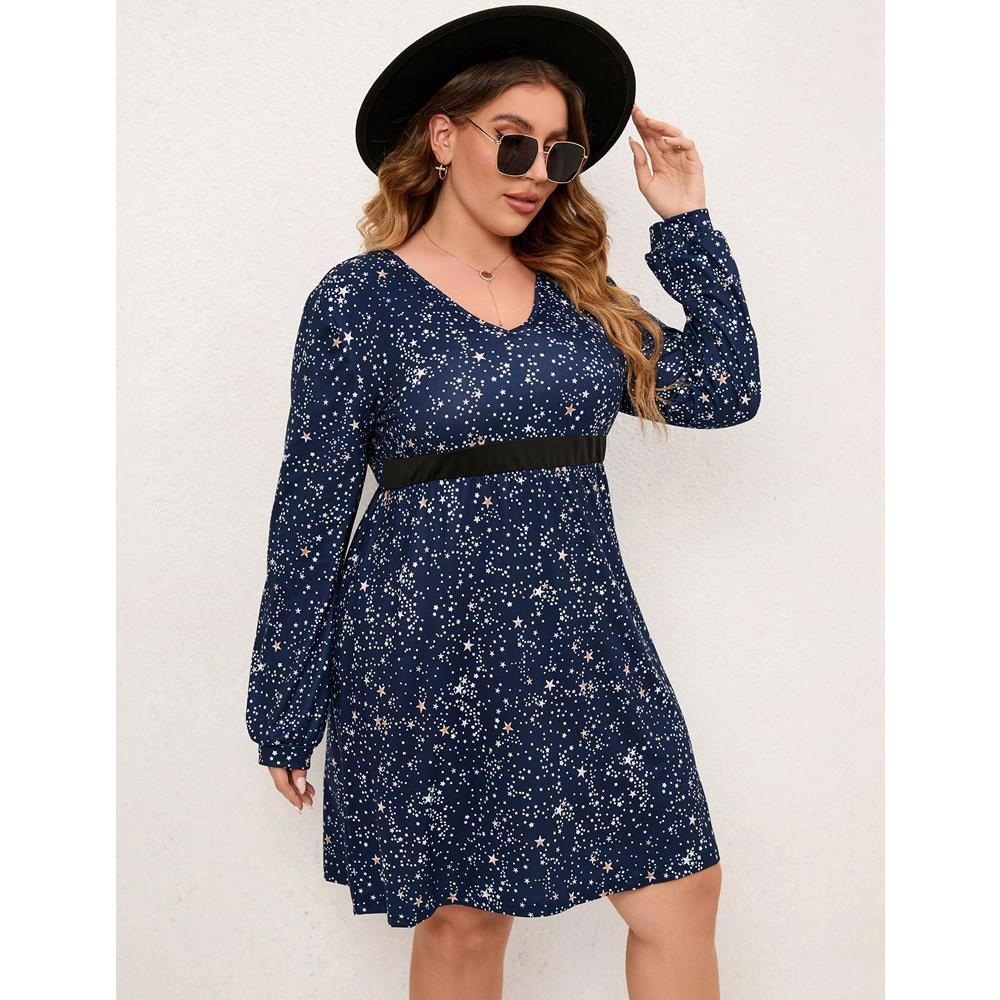 WhizMax Women Plus Size Dress Floral Print V Neck A Line Dresses Long Sleeve High Waist Dresses Product Image