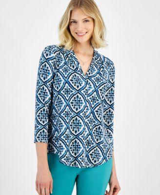 Jm Collection Womens V-Neck Printed 3/4-Sleeve Top, Created for Macys Product Image