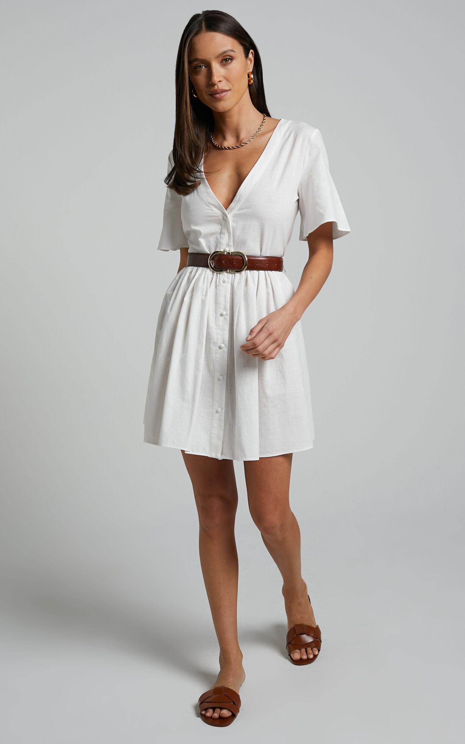 Staycation Mini Dress - Smock Button Up Dress in White Product Image