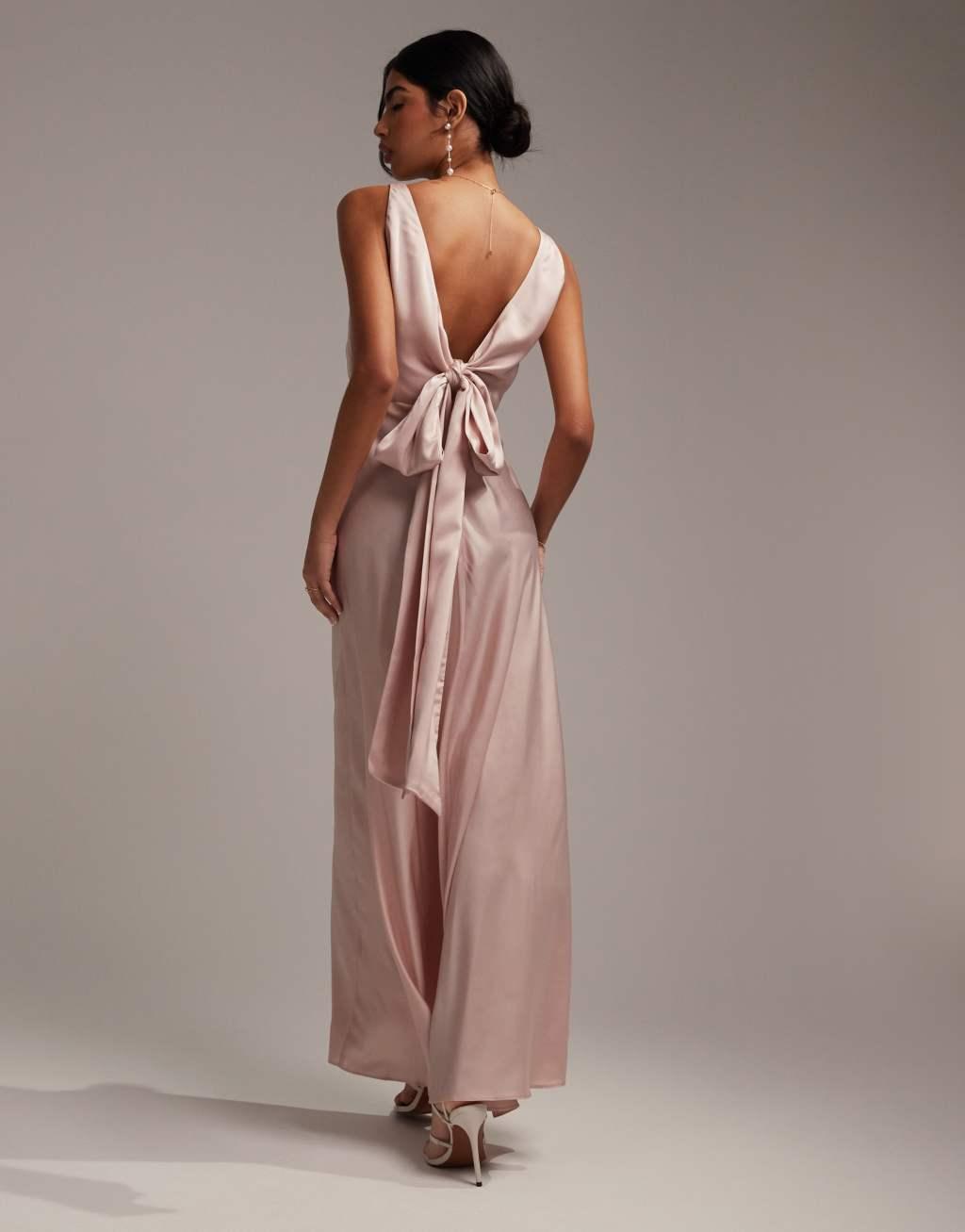 ASOS DESIGN Bridesmaid satin ruched bodice maxi dress with tie back and button back detail in blush Product Image