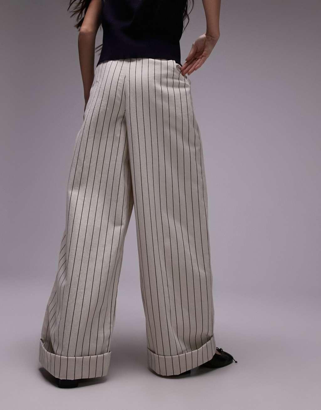 Topshop stripe wide leg cuffed hem pants in ecru Product Image