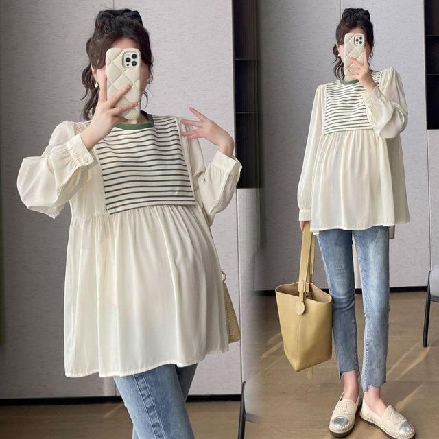 Maternity Long Sleeve Round Neck Striped Panel Blouse Product Image