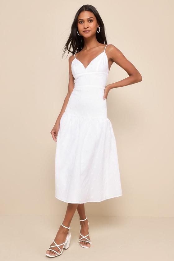 Serene Charm White Textured Embroidered Drop Waist Midi Dress Product Image