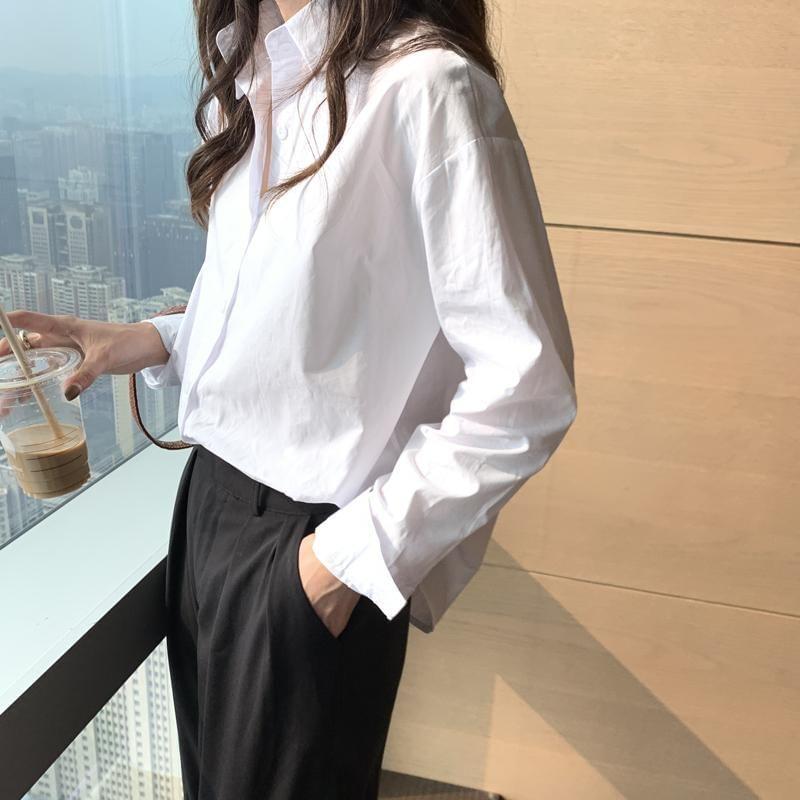 Long Sleeve Collared Plain Button Down Oversized Shirt Product Image