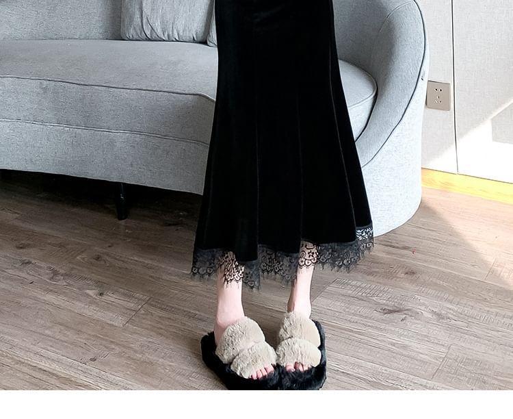 High Rise Velvet Lace Trim Midi Mermaid Skirt Product Image