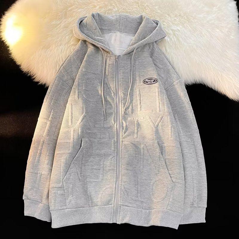 Drawstring Lettering Embossed Zip Oversized Hoodie Product Image