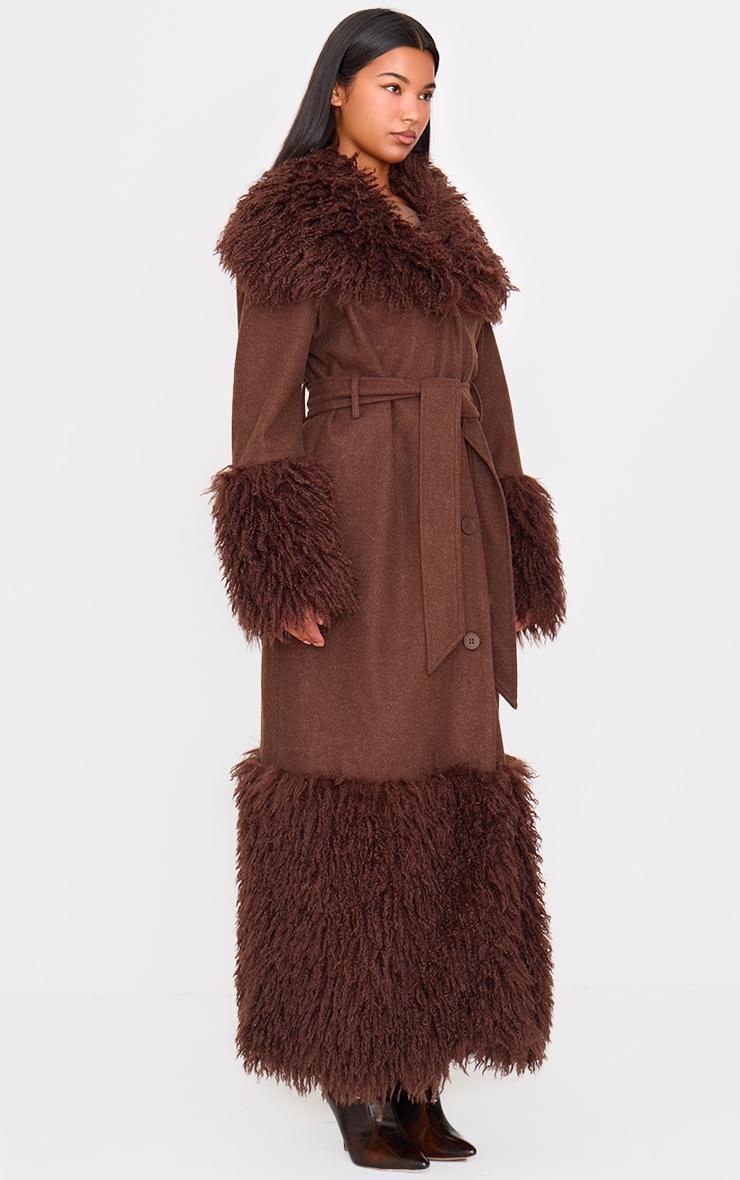 Brown Faux Fur Trim Contrast Wool Look Coat Product Image