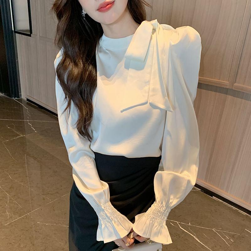 Long-Sleeve Mock Neck Plain Bow Satin Blouse Product Image