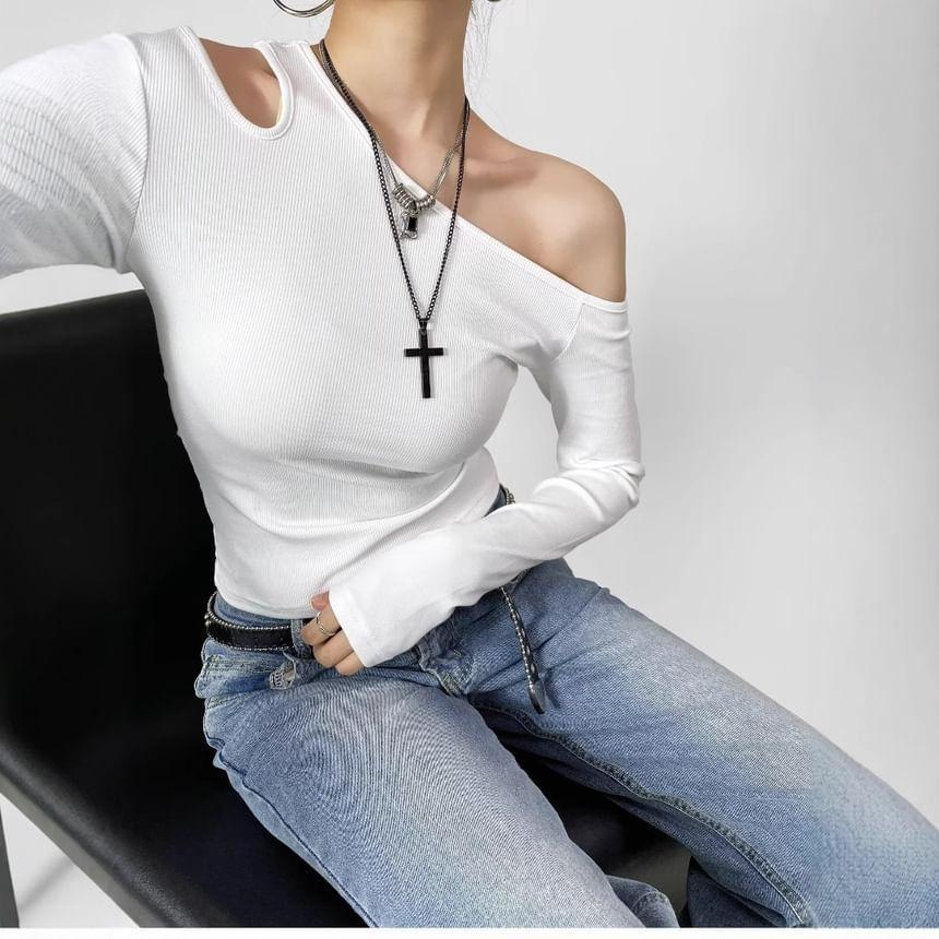 Long Sleeve Cold-Shoulder Plain Cut-Out Slim-Fit Top Product Image