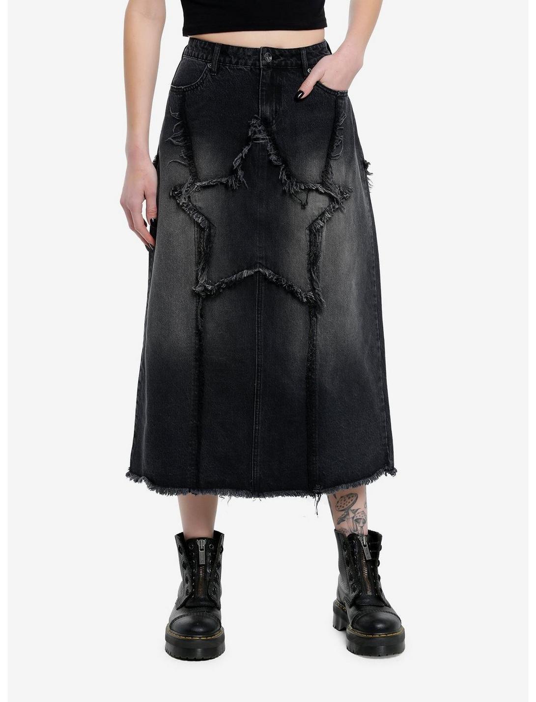 Social Collision Frayed Star Denim Midaxi Skirt Product Image