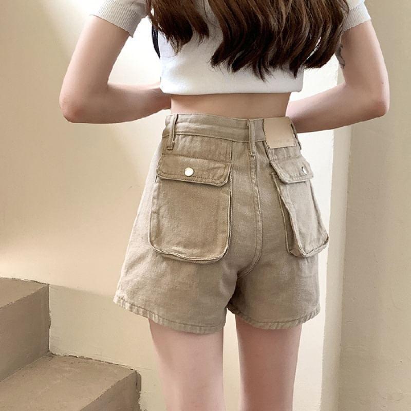 High Waist Plain Wide-Leg Mini Denim Shorts Product Image