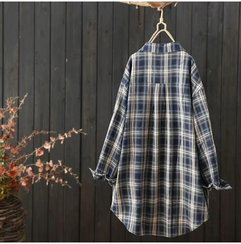 Long Sleeve Collared Plaid Shirt Product Image