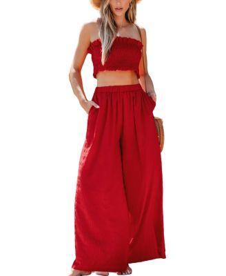 Women's Ruby Red Smocked Tube Top & Wide Leg Pants Set Product Image