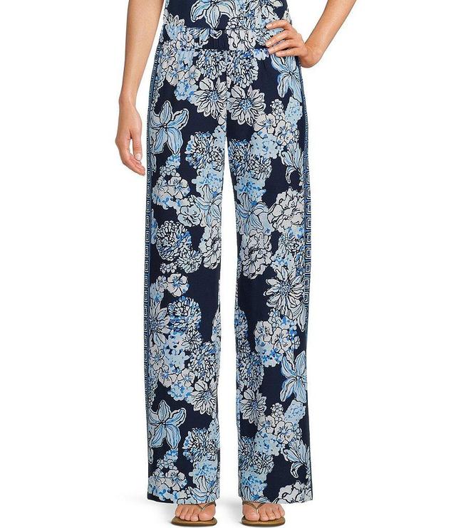 Lilly Pulitzer Bal Harbour Woven Navy Bouquet Print Mid Rise Wide Leg Coordinating Palazzo Pant Product Image