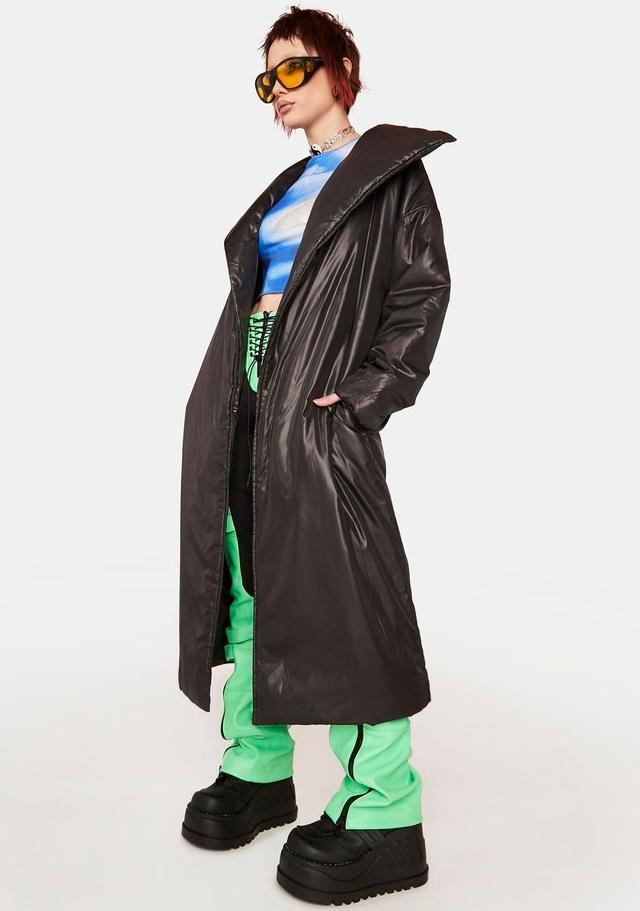 Long Padded Vegan Leather Coat - Black Product Image