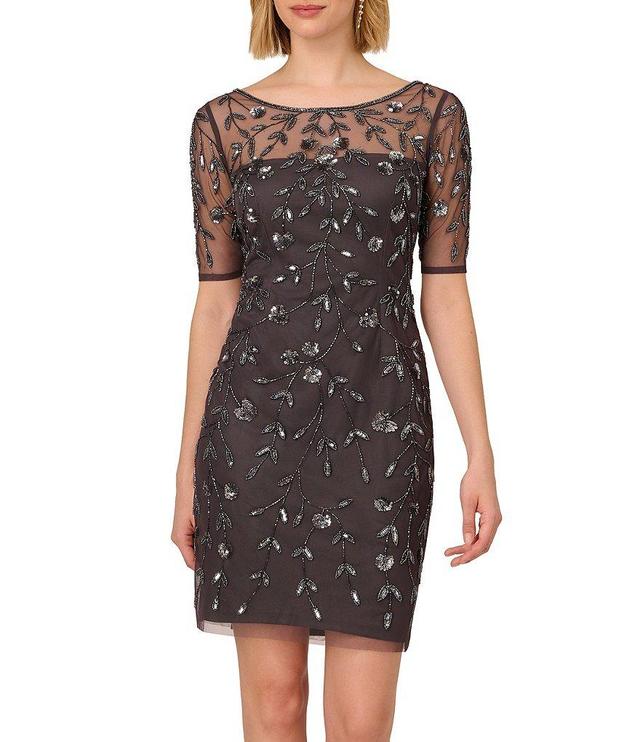 Adrianna Papell Floral Beaded Illusion Boat Neck Short Sleeve Sheath Dress Product Image