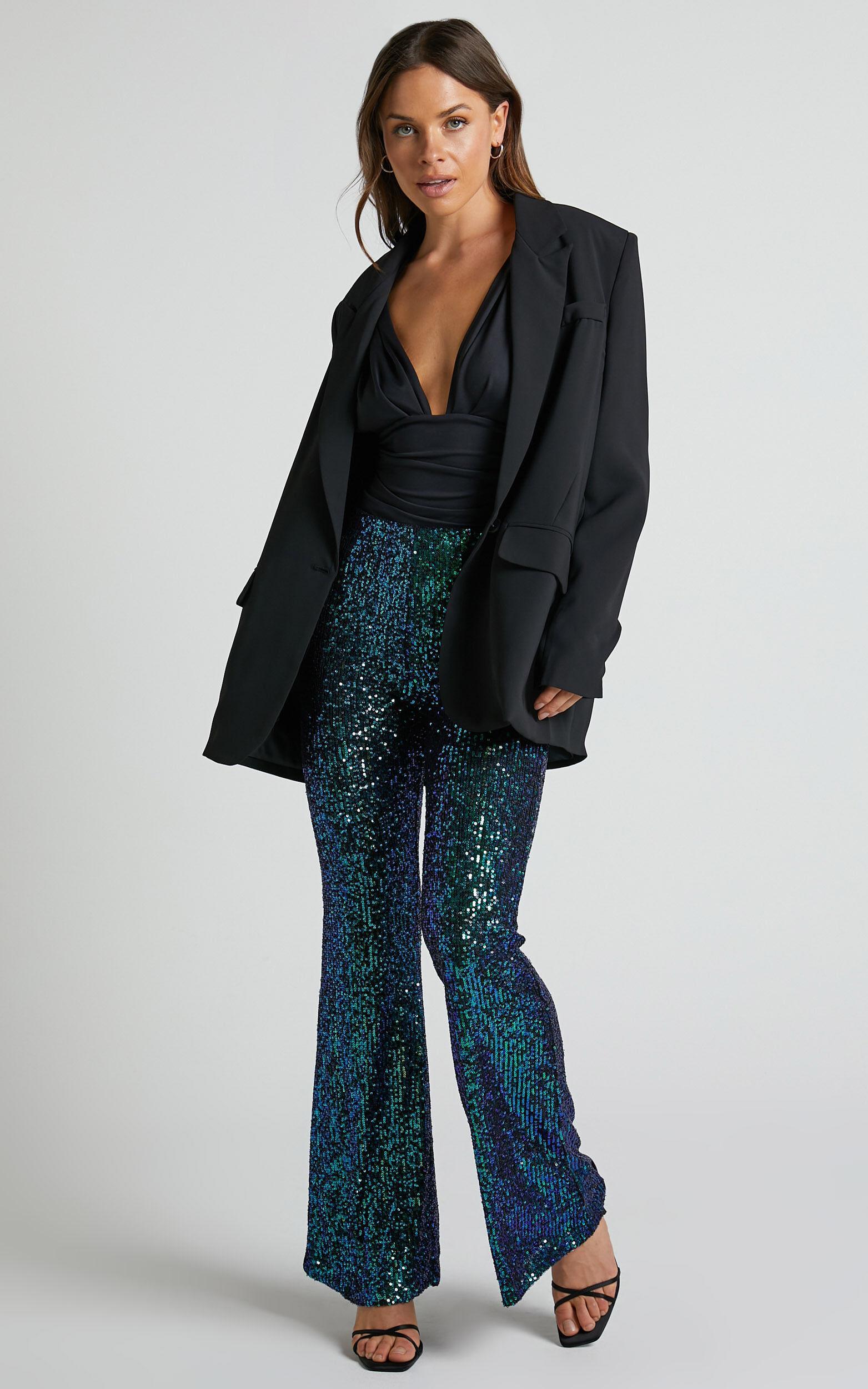 Deliza Pants - Mid Waisted Sequin Flare Pants in Mermaid Teal Product Image