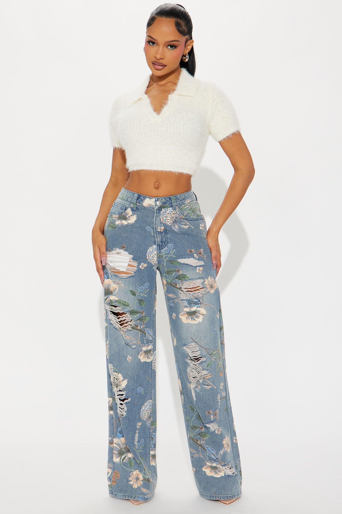 Blooming Love Floral Ripped Wide Leg Jeans - Medium Wash Product Image