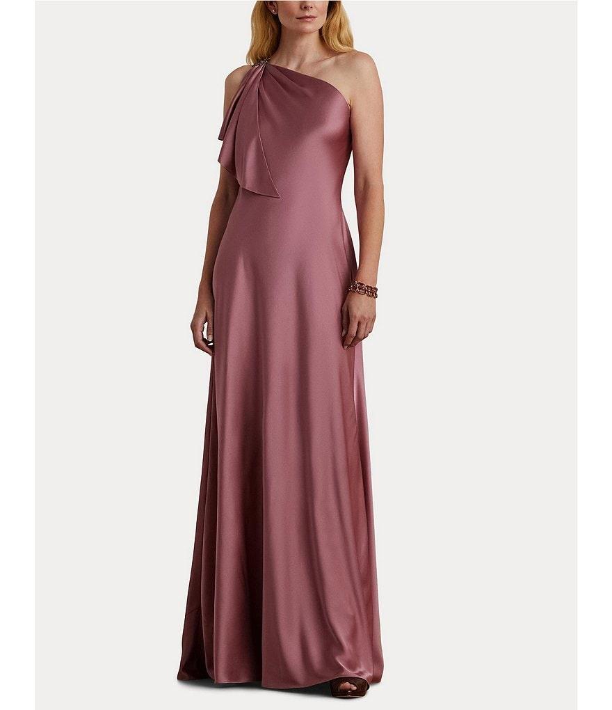 Lauren Ralph Lauren Satin Charmeuse One Shoulder Neck Sleeveless Crystal Embellished Buckle Cascading Ruffle Gown Product Image