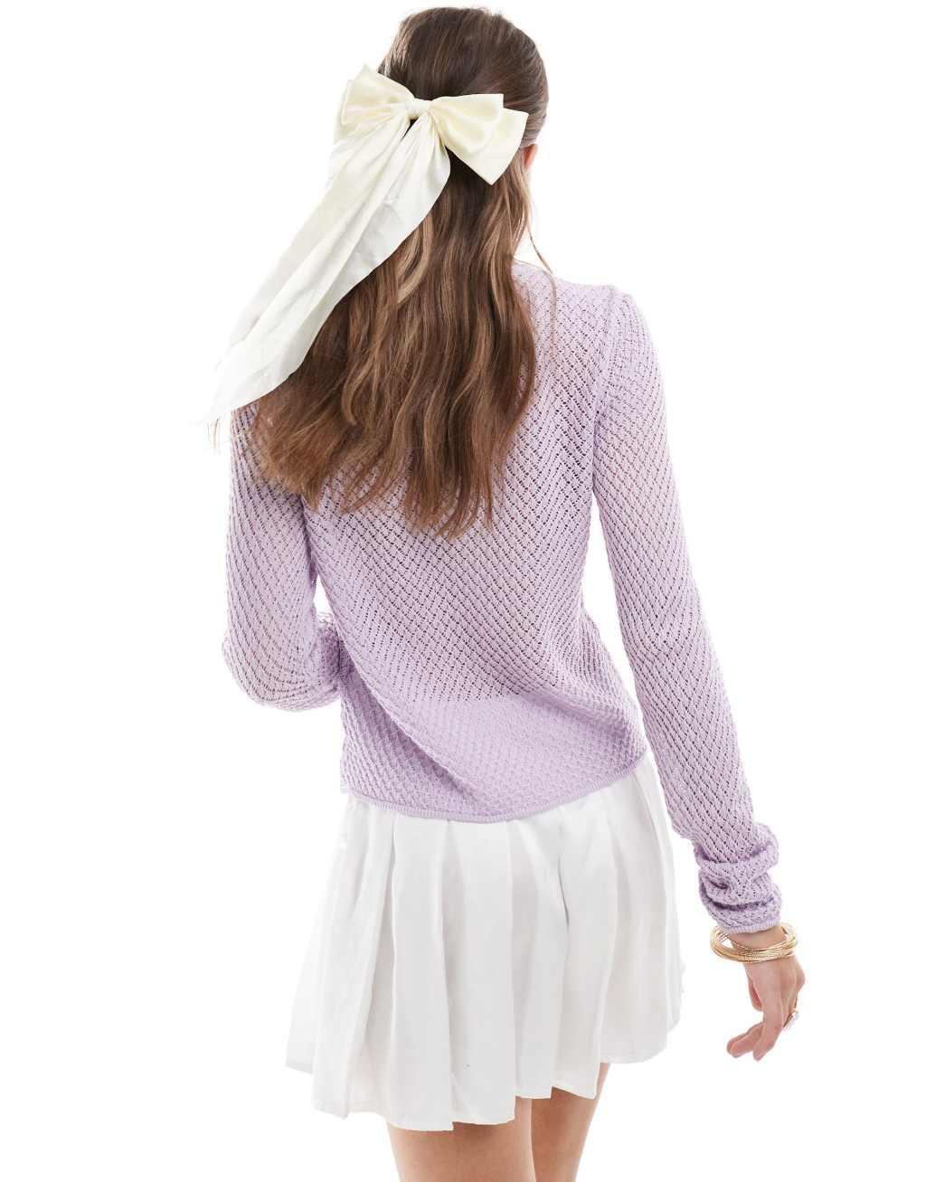 ASOS DESIGN knitted pointelle stitch cardigan with tipping detail in lilac Product Image