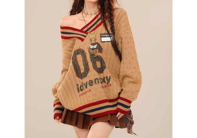 V-Neck Lettering Number Print Cable-Knit Oversized Sweater / Plain Shirt Product Image