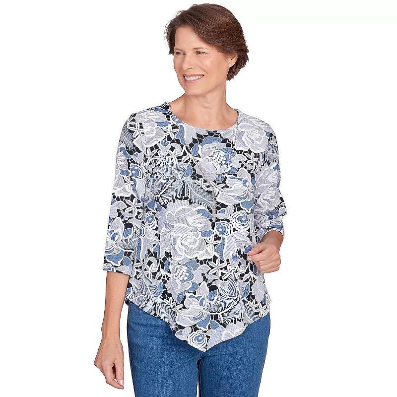 Womens Alfred Dunner Puff Print Lacey Floral Top Blue Product Image