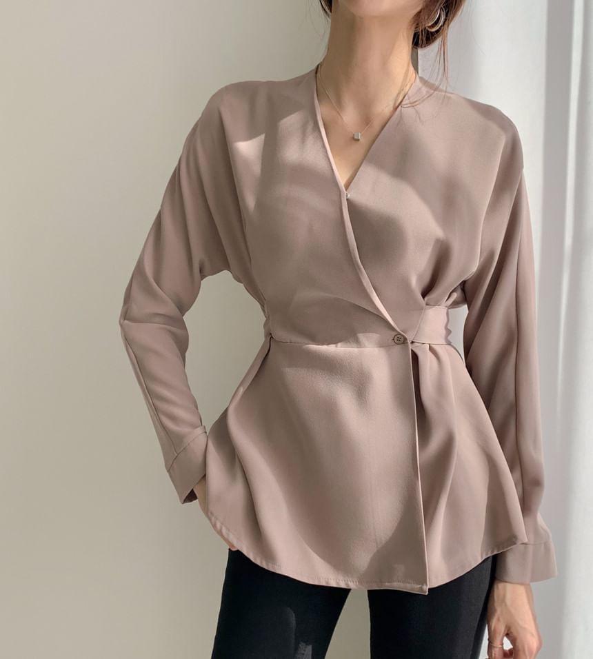 Long-Sleeve V-Neck Plain Tie Waist Buttoned Wrap Blouse Product Image