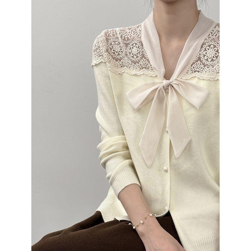 Tie-Neck Lace Panel Cardigan Product Image