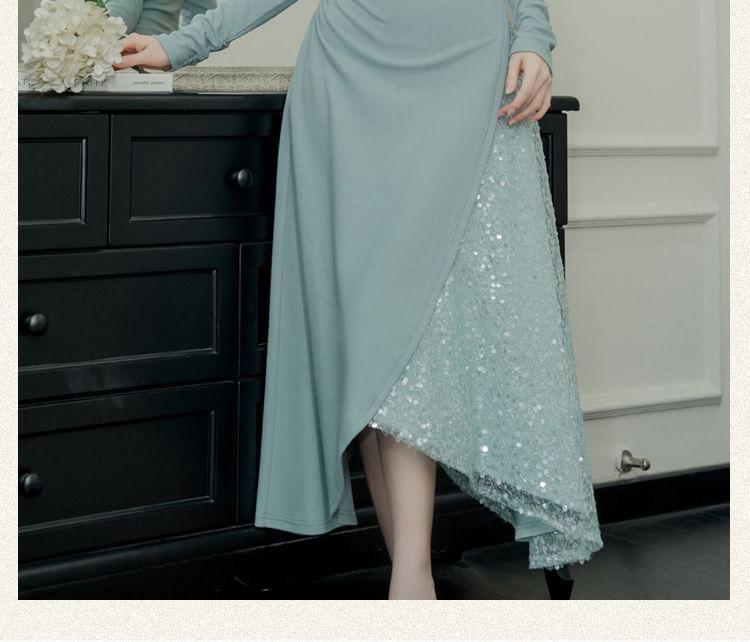 Long Sleeve Square Neck Plain Sequin Panel Asymmetrical Midi A-Line Dress Product Image