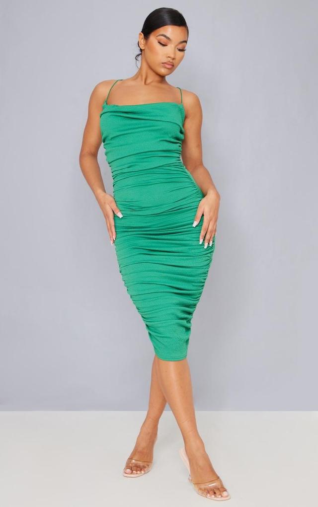 Green Crinkle Texture Ruched Cowl Neck Midi Dress Product Image