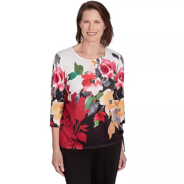 Petite Alfred Dunner Floral Crew Neck with Drawstring Hem Top, Womens Product Image