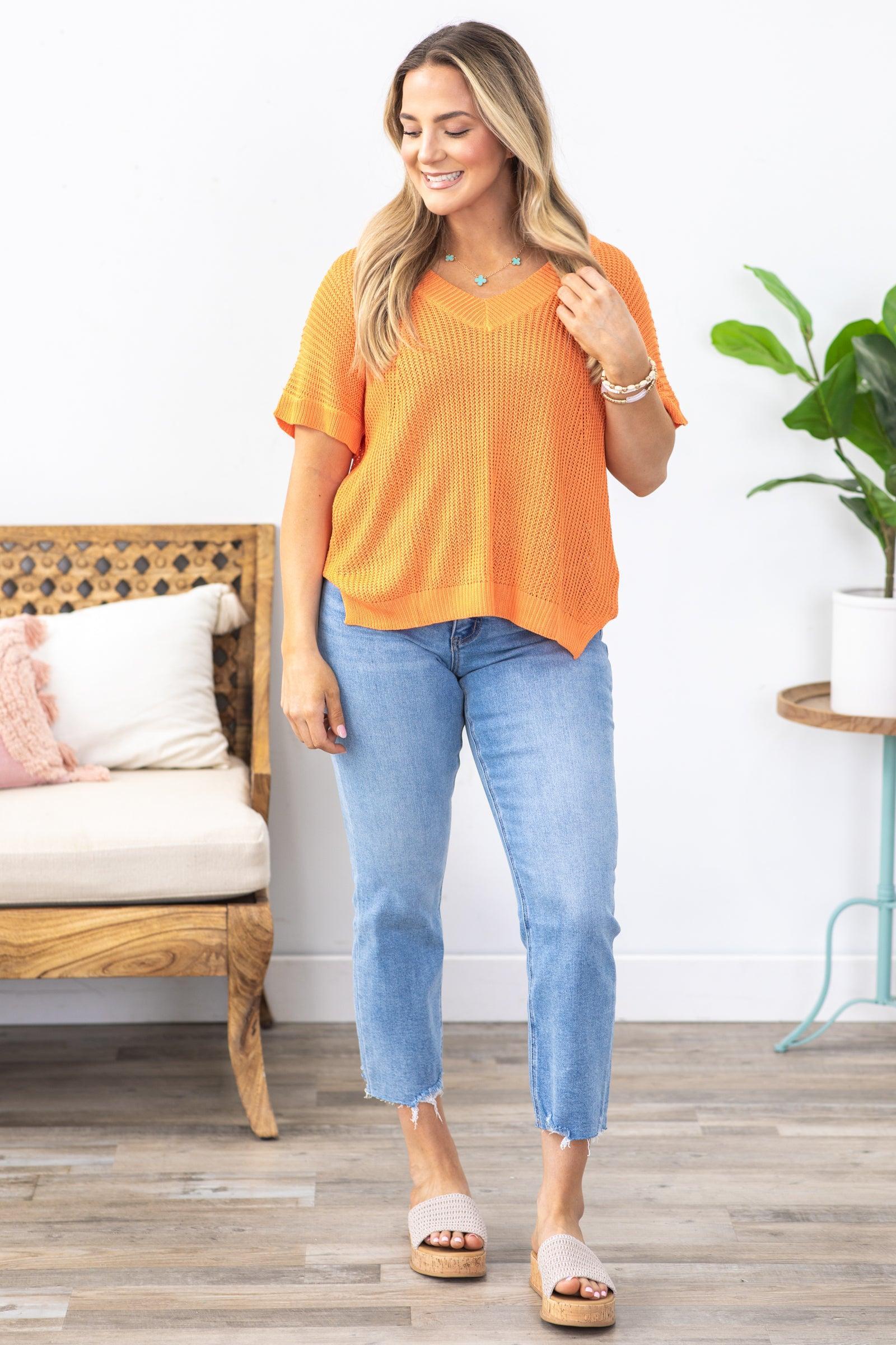 Orange Lightweight V-Neck Sweater Top Product Image