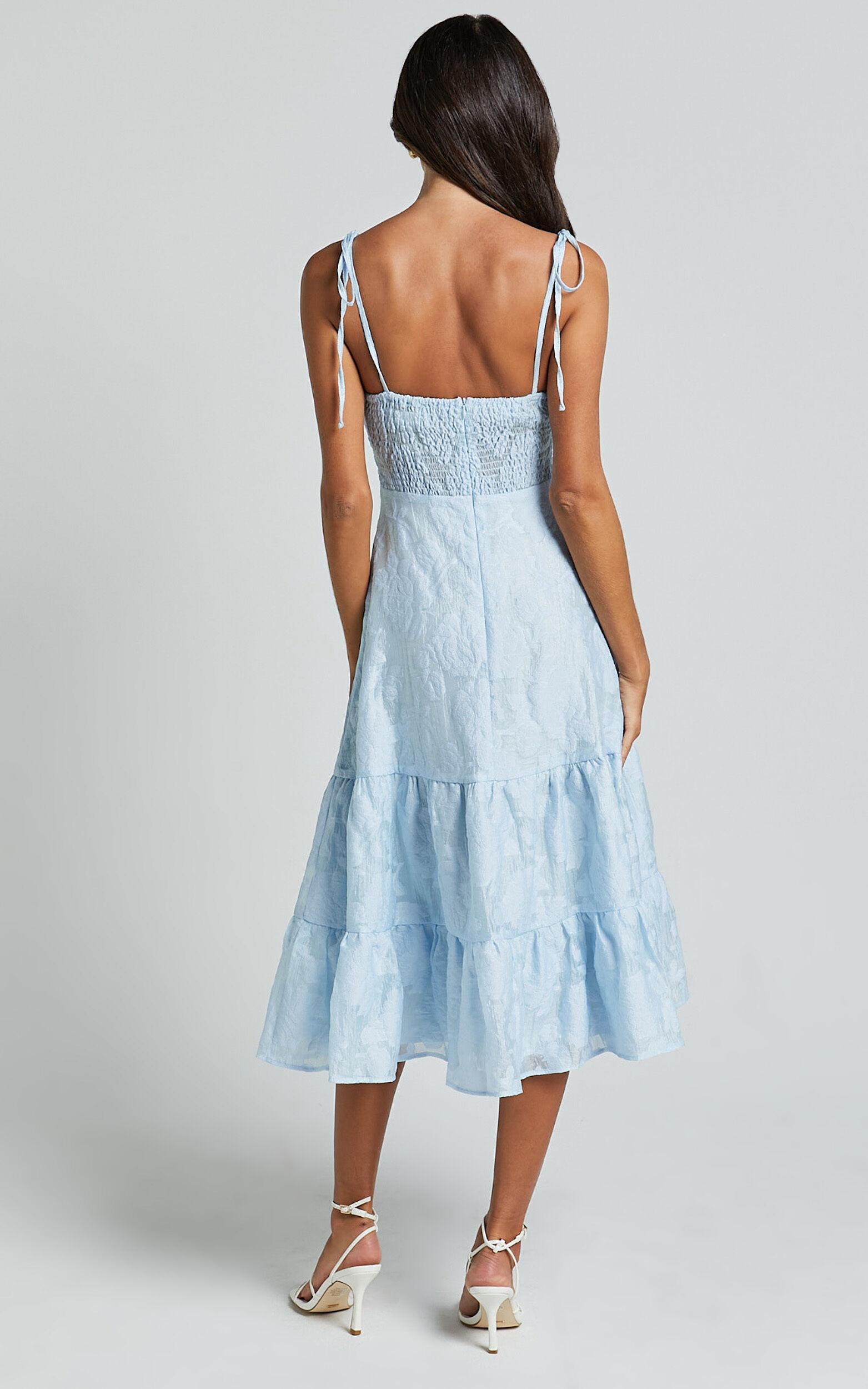 Jovena Midi Dress - Gathered Bodice Tiered Dress in Blue Product Image