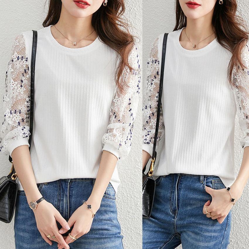 Long-Sleeve Crewneck Lace Top Product Image