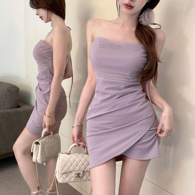 Set: Plain Asymmetrical Mesh Panel Mini Bodycon Tube Dress + Flower Choker Product Image